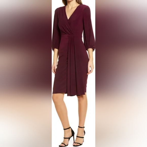Eliza J Long Sleeve Wrap Dress Size 10 Wine Knee V Neck Stretch Drapey Ruched - Picture 13 of 14